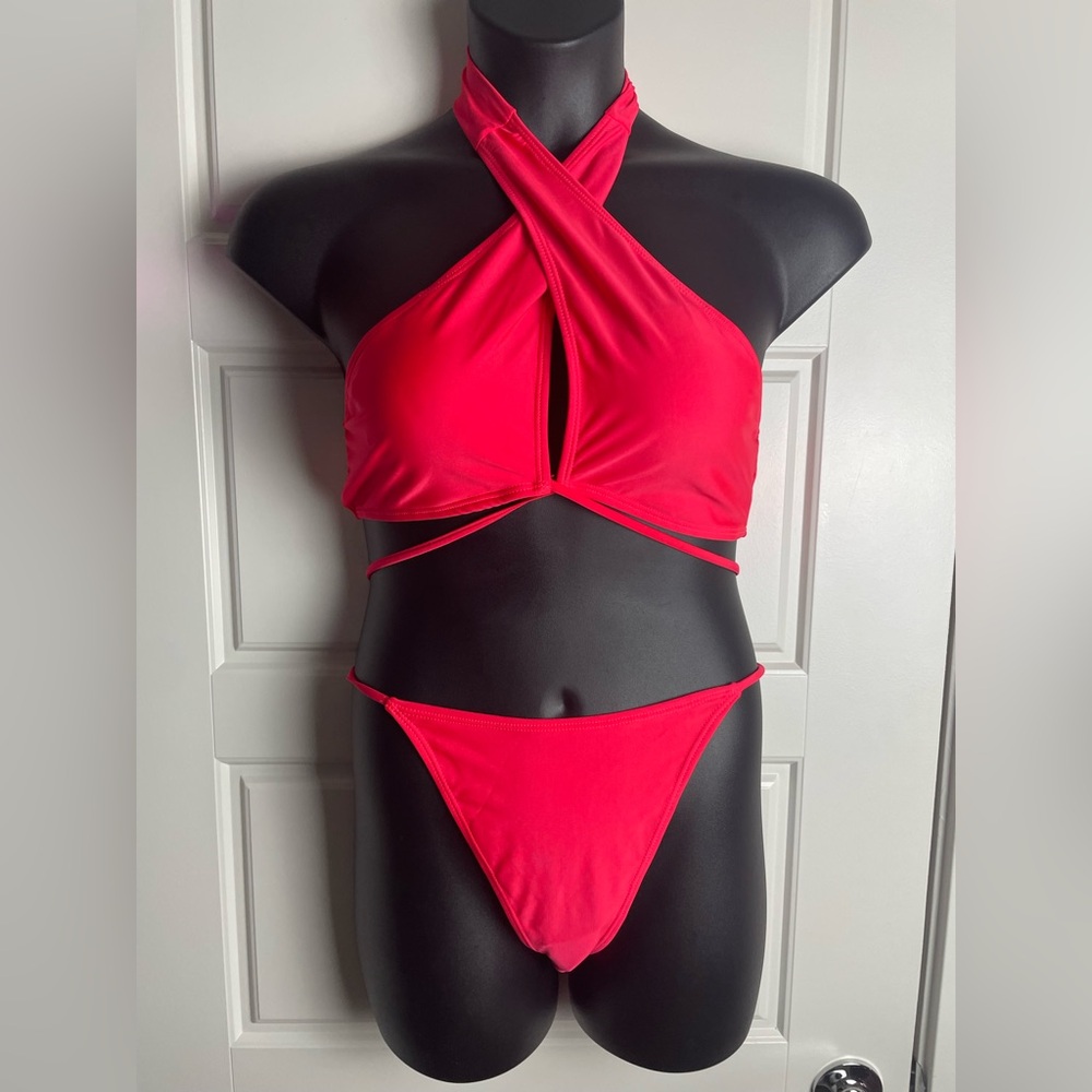 Red/Neon pink Crisscross Halter Bikini Set Cutout Wrap Tie Swimsuit 1XL